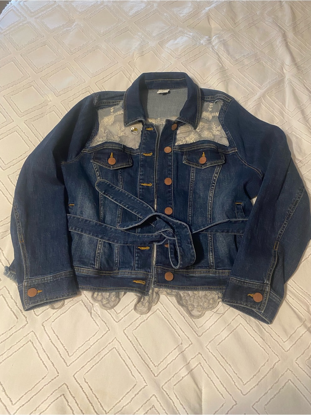 Upcycled Denim Lace-Trim Belted Cabi Jacket - Dark Blue